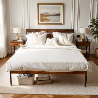 Sunvega Queen Size Rustic Wood Headboard and Footboard Iron Platform Bed Frame