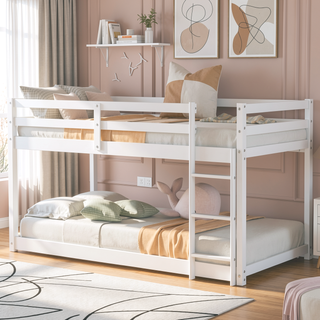 Sunvega Twin over Twin Floor Low Bunk Bed with Ladder for Kids Bedroom