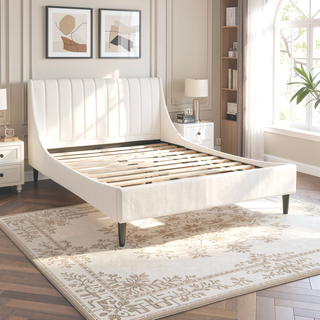 Sunvega Handmade Vertical Tufted Headboard Platform Bed Set in Light Beige Linen