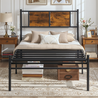 Sunvega Twin Size Metal Bed Frame with Wood Panel Headboard and Under Storage