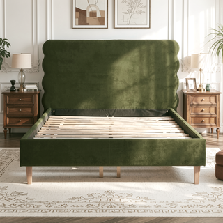 Sunvega Retro Modern Wavy Headboard Platform Bed with Upholstered Frame in Antique White