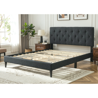 Sunvega Queen Upholstered Pleated Bed in a Box with Sturdy Dark Brown Frame