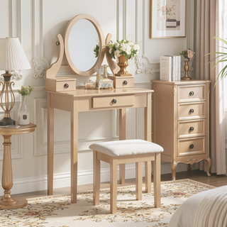 Sunvega Pink Wood Makeup Vanity Table and Stool Set with Mirror and Storage Drawers