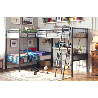Sunvega Contemporary Silver Grey And Black Metal L-Shaped Triple Bunk Bed