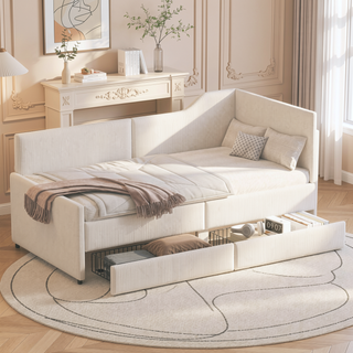 Sunvega L-Shaped Semi-Enclosed Upholstered Corduroy Daybed Frame with 2 Storage Drawers