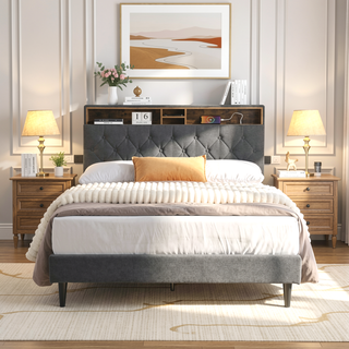 Sunvega Queen Size Upholstered Platform Bed Frame with USB Ports and Storage Headboard