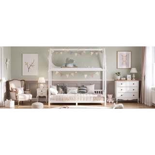 Sunvega White House Shaped Full Size Bed with Guardrail and LED Lights
