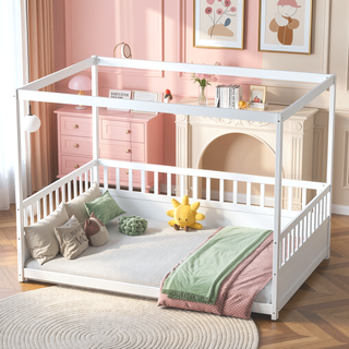 Sunvega Full Size Canopy Floor Bed Frame with Guardrails for Kids Boys Girls