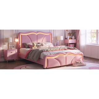 Sunvega Pink Twin Size Upholstered Bed with Height-Adjustable Headboard and LED Light Strips