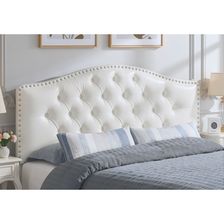 Sunvega Upholstered Queen Size Headboard with White Leather Look and Silver Trim