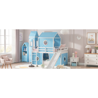 Sunvega Sturdy Pink Twin Size Loft Bed with Slide Tower and Playhouse Design