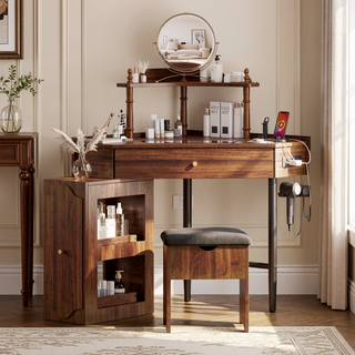 Sunvega Corner Vanity Desk Set with Storage Stool Charging Station and Glass Tabletop