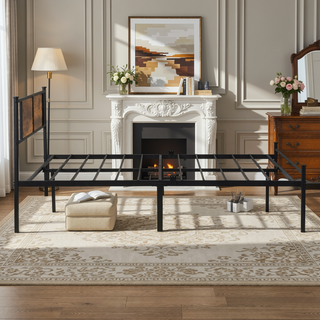 Sunvega King Size Metal Bedframe with Wood Panel Headboard and Under Storage