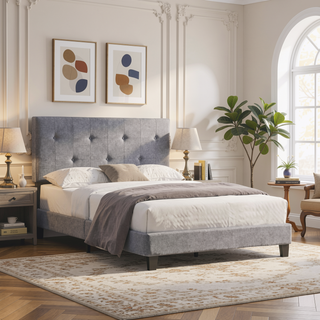Sunvega King Size Upholstered Platform Bed with Button Tufted Linen Headboard