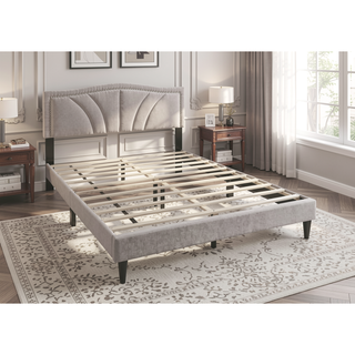 Sunvega Light Brown Burlap Queen Size Bed with Nailhead Trim and Sloped Curve