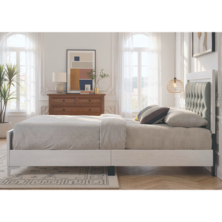 Sunvega Queen Bed with LED Light Padded Headboard in Grey and White Synthetic Leather