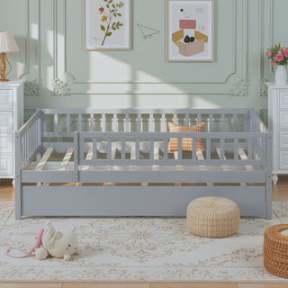 Sunvega Natural Twin Size Wood Daybed with Trundle and Fence Guardrails