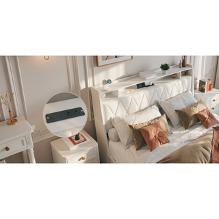 Sunvega Queen Bed Frame with Ergonomic Headboard Outlets Charger LED Light Storage