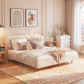 Sunvega King Floating Bed Frame with LED Light and Charging Station Upholstered Platform