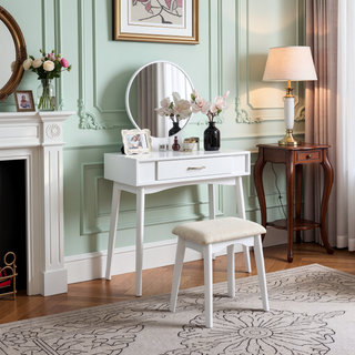 Sunvega Gold Modern Wood Vanity Set with Round Mirror and Matching Stool