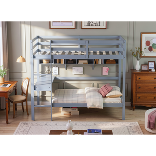 Sunvega Pink Rubber Wood Twin High Loft Bed with Safety Guardrail and Built-in Desk