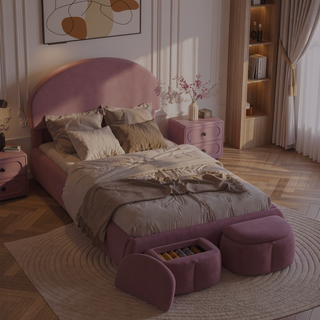 Sunvega Pink Twin Size Cartoon Ears Shaped Upholstered Platform Bed with Light