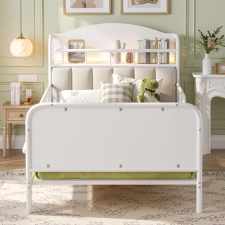 Sunvega Kids Full Metal Bed with Upholstered Headboard LED Lights and Storage