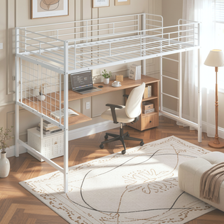 Sunvega Twin Metal Loft Bed with Desk, Metal Grid and Guardrail for Bedroom