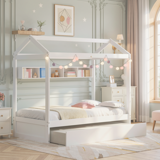Sunvega White House Bed with Trundle for Two Children to Share Secrets