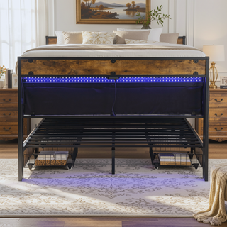 Sunvega Queen Size Storage Bed Frame with Charging Station and RGB LED Lights