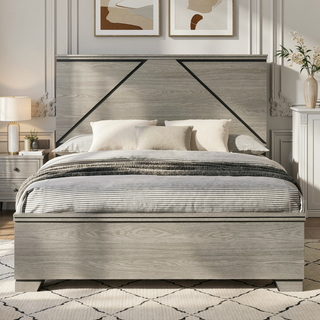 Sunvega Modern Design Queen Size Bed with LED Light Headboard and Weathered Gray Finish