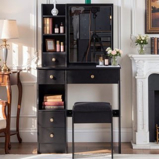 Sunvega Small Space Left Drawer Desktop Vanity Table with Cushioned Stool