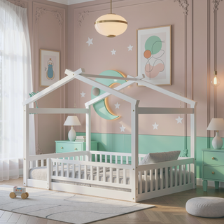 Sunvega Full Size House Bed Frame with Playhouse Fence and Roof for Kids