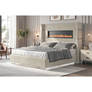 Sunvega Queen Size Upholstered Bed with Electric Fireplace and Bluetooth Speakers in Gray Velvet