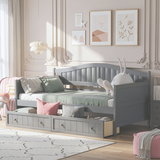 Sunvega Twin Wooden Daybed with Trundle Sofa Bed for Bedroom Living Room Gray