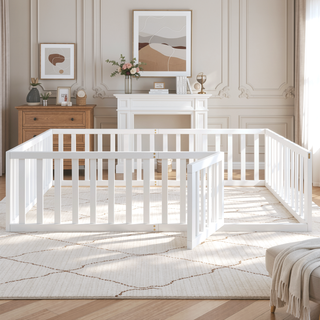 Sunvega Twin Size Wood Floor Bed Frame with Fence and Door in Walnut Finish