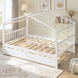 Sunvega Twin Size Wooden House Bed with Drawers and Headboard for Kids Room