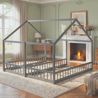 Sunvega Twin Size House Shaped Platform Beds with Safety Guardrails and Roof