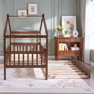 Sunvega Twin Size Wooden House Bed with Trundle and Headboard in Walnut