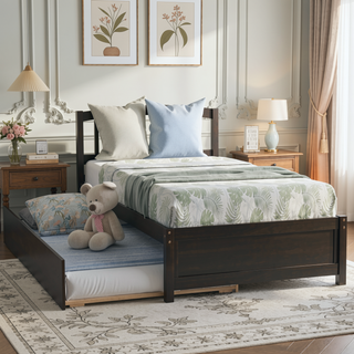 Sunvega Twin Size Gray Wood Platform Bed Frame with Trundle for Maximized Space