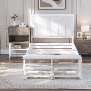 Sunvega Full Size Metal Platform Bed with Two Tier Storage Shelves and Wooden Cabinet