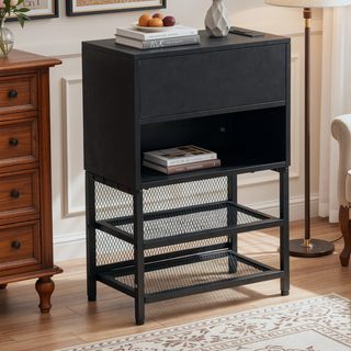 Sunvega Full Size Metal Platform Bed with Two Tier Storage Shelves and Wooden Cabinet