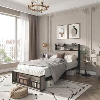 Sunvega Twin Bed Frame with LED Headboard Charging Station Storage and No Box Spring