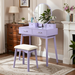 Sunvega Contemporary White Wood Vanity and Stool Set with Round Mirror