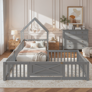 Sunvega Full Size House Floor Bed with Door and Full-Length Guardrails for Kids