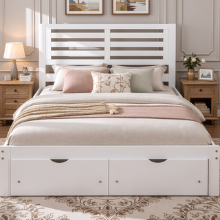 Sunvega White Full Size Platform Bed with Drawers for Extra Storage