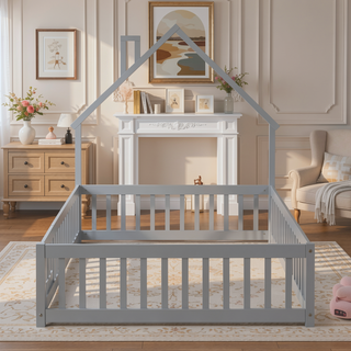 Sunvega Full Size House Shaped Headboard Floor Bed with Safety Fence Guardrails