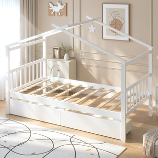 Sunvega Twin Size Wooden House Bed with Drawers and Headboard for Kids Room