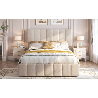 Sunvega Upholstered Platform Bed with Hydraulic Storage System in White Linen