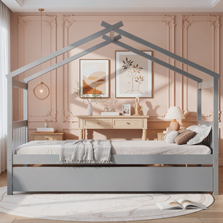 Sunvega Twin Size Wooden House Bed with Trundle and Headboard for Kids Room